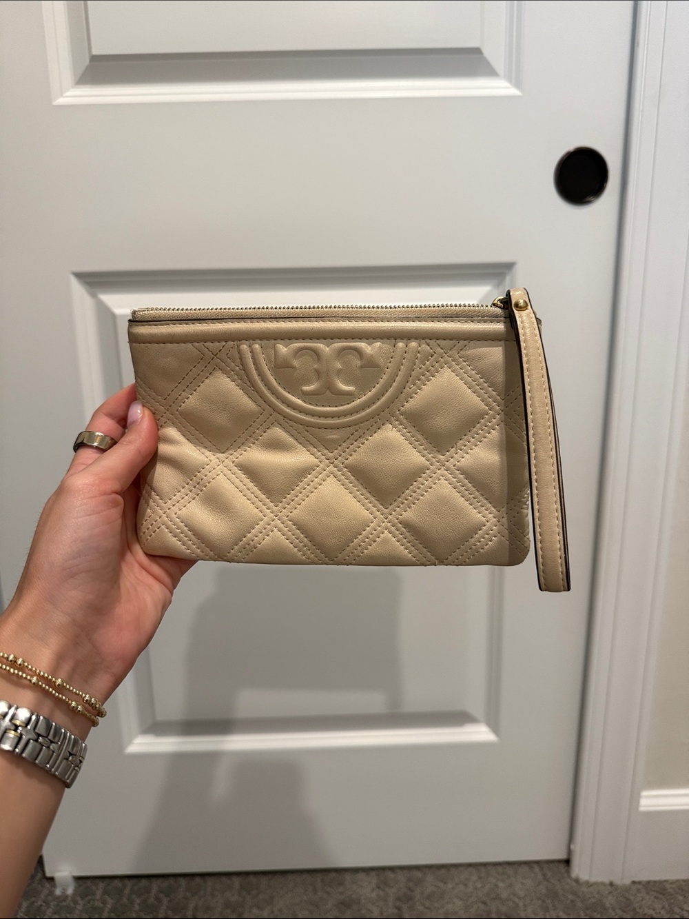 Tory Burch Quilted Beige Leather Wristlet with Top Zip
